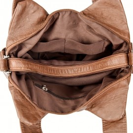 Vintage Faux Leather Crossbody Bag with Removable Strap and Zipper Closure, Solid Color Messenger Bag, Polyester Lined Handbag for Everyday Travel - Baigou Crafted