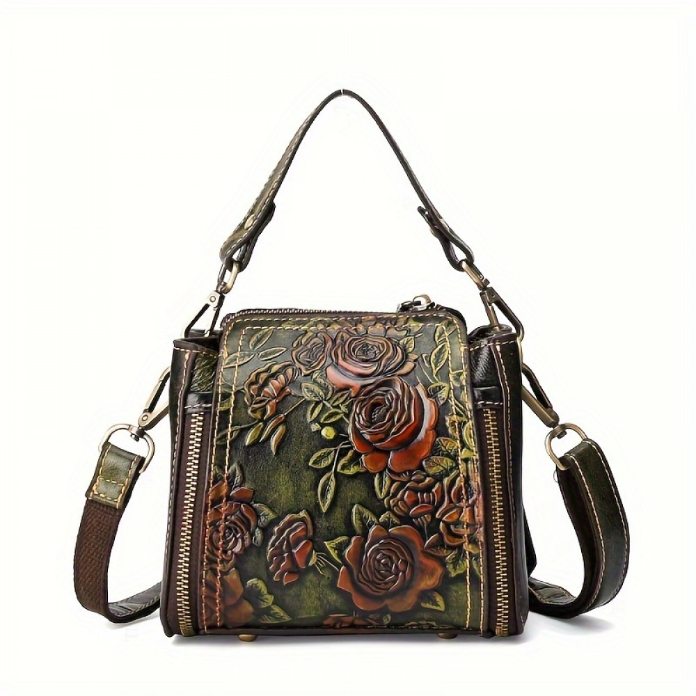 [Floral Leather Crossbody] Vintage Floral Embossed Genuine Leather Women’s Crossbody Bag - Adjustable Strap, Lightweight, Zip Closure, Lined, Brown/Green, Intricate Red Rose & Green Leaf Design, Multiple Compartments, Urban Style Accessory | Embossed Leather Bag | Genuine