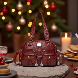 Women'S Vintage Y2K Punk Handbag with Multiple Pockets - Gothic Punk Style Tote Bag, Golden-Tone Hardware & Chain Strap, Zipper Closure, Polyester, For Everyday & Special Events - Retro Women'S Purse, Party Accessory, Edgy Fashion