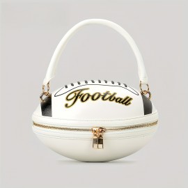 Fashion Football Shaped Handbag, Sports Theme Crossbody Bag with Adjustable Strap, Lightweight Zippered Tote with Polyester Lining, Positioning Print, Edge Paint Detail - Available in Black, White, Light Brown, Earthy Yellow