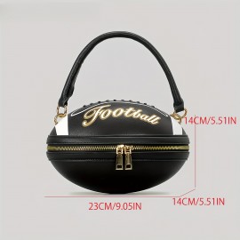 Fashion Football Shaped Handbag, Sports Theme Crossbody Bag with Adjustable Strap, Lightweight Zippered Tote with Polyester Lining, Positioning Print, Edge Paint Detail - Available in Black, White, Light Brown, Earthy Yellow