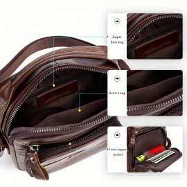 Double-layer business crossbody bag, portable shoulder bag casual bag, unisex Genuine Leather crossbody, top layer Genuine Leather square bag, Genuine Leather single-shoulder handbag