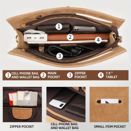 Vintage Genuine Leather Briefcase - Retro A4 Document Holder, Stylish Shoulder & Crossbody Bag for Men, Deep Brown Crazy Horse Leather with Golden Buckle, Perfect for Daily Commute & Professional Use, Leather Purse